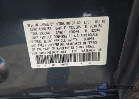 2006 Acura Tsx from USA, damaged, VIN JH4CL96816C019068